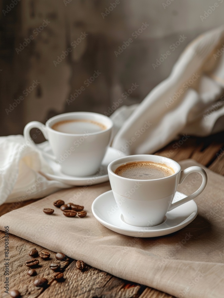 Aufkleber two cups filled with coffee resting on a wooden table. generative ai