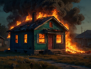 Fire, house on fire, house engulfed in flames of fire