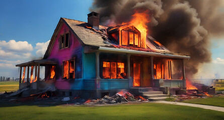 Fire, house on fire, house engulfed in flames of fire