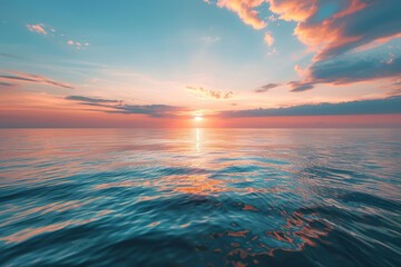 Fototapeta premium Gentle pastel blue and peach sunset over calm waters. Concept of peace and tranquility. Generative Ai.