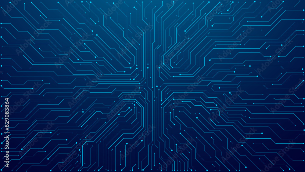 Poster Thin circuit trace lines in blue on a dark technology background. Abstract digital tech bg. Electronics and computer technology concept. Chip and circuit board. Vector illustration. Chip connectors.