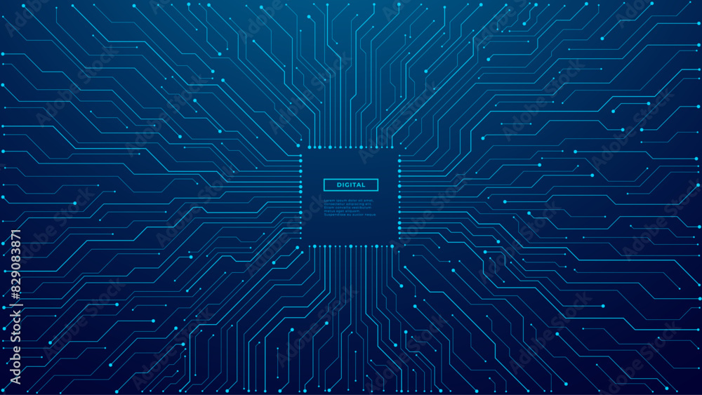 Poster Thin circuit trace lines in blue on a dark technology background. Abstract digital tech bg. Electronics and computer technology concept. Chip and circuit board. Vector illustration with text space. 
