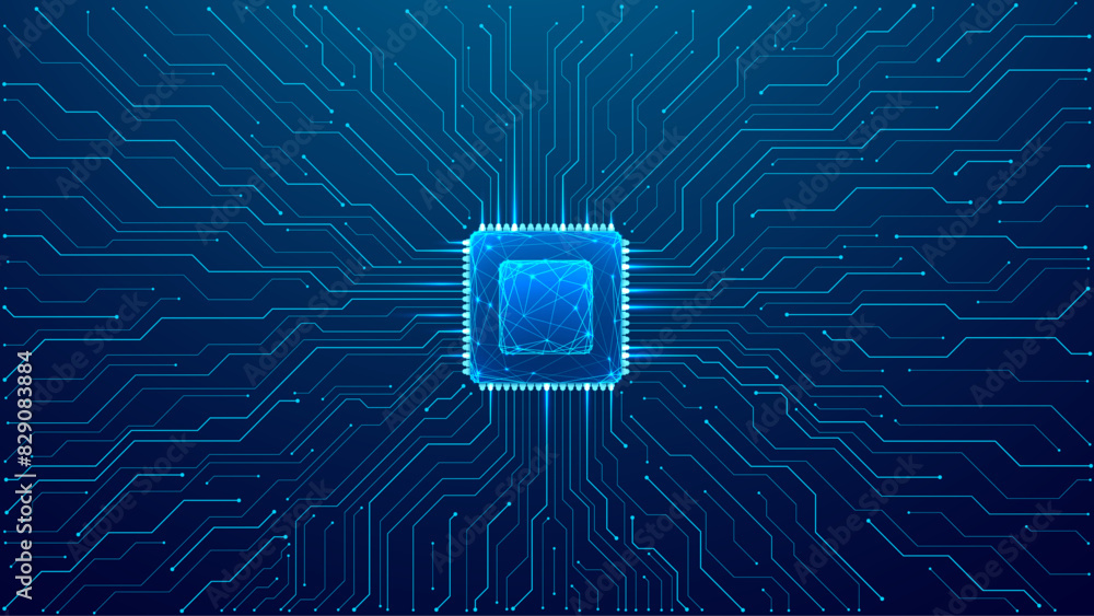 Poster Circuit background with a gloving computer chip in the center. Abstract digital tech bg in blue. Low poly wireframe semiconductor or microchip. CPU on circuit board. Polygonal vector illustration.