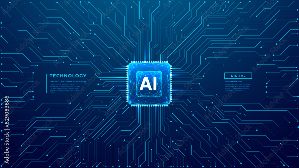 Poster Glowing light blue neon AI chip with thin circuit contact lines. AI chip on technology background. Free text space. Abstract digital tech background. Semiconductor on board. Vector illustration