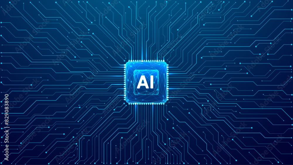 Poster Glowing light blue neon AI chip with thin circuit contact lines. AI chip on technology background. Abstract digital tech background in monochrome blue. Semiconductor on a board. Vector illustration.