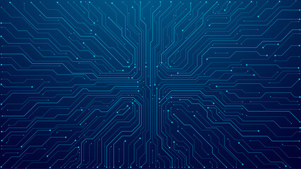 Thin circuit trace lines in blue on a dark technology background. Abstract digital tech bg. Electronics and computer technology concept. Chip and circuit board. Vector illustration. Chip connectors.