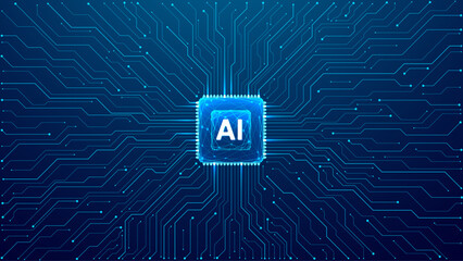 Glowing light blue neon AI chip with thin circuit contact lines. AI chip on technology background. Abstract digital tech background in monochrome blue. Semiconductor on a board. Vector illustration.