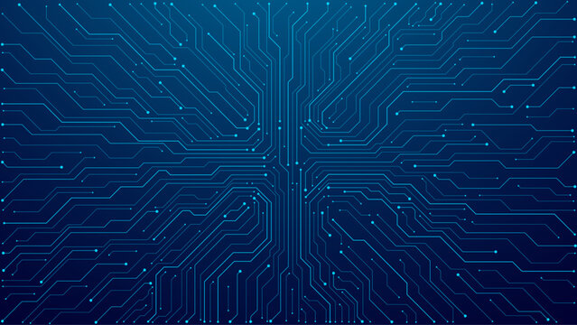Thin circuit trace lines in blue on a dark technology background. Abstract digital tech bg. Electronics and computer technology concept. Chip and circuit board. Vector illustration. Chip connectors.