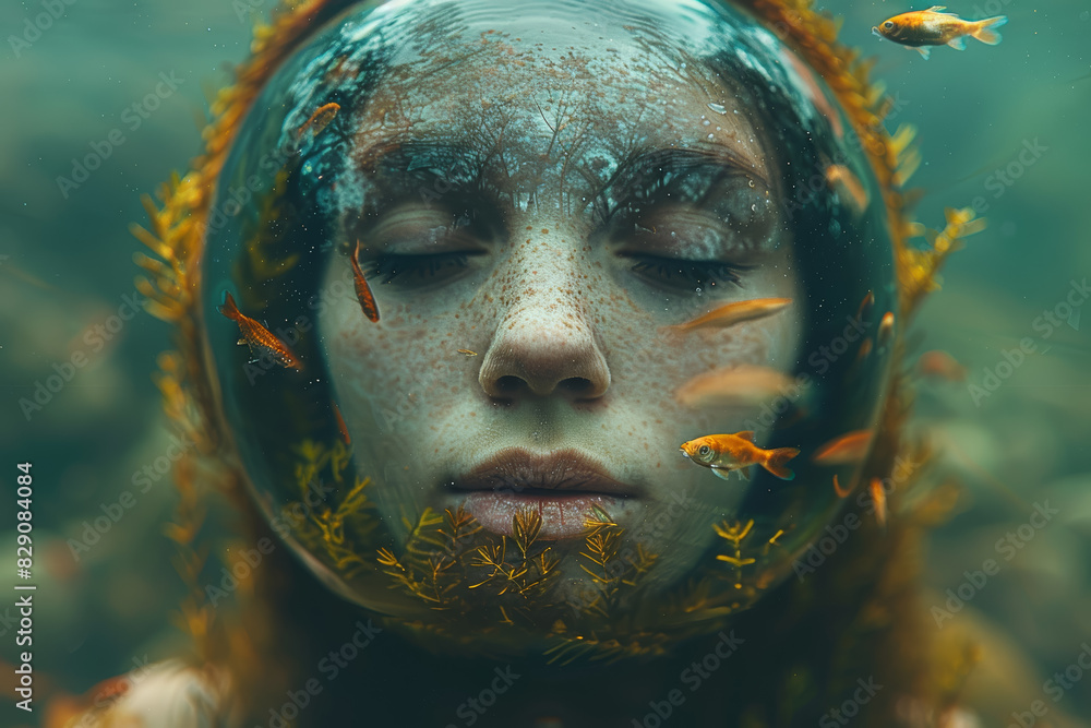 Aufkleber a person with a fishbowl for a head. concept of isolation and introspection. generative ai.