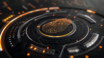 Security access via fingerprint scan depicted in a futuristic 3D render.