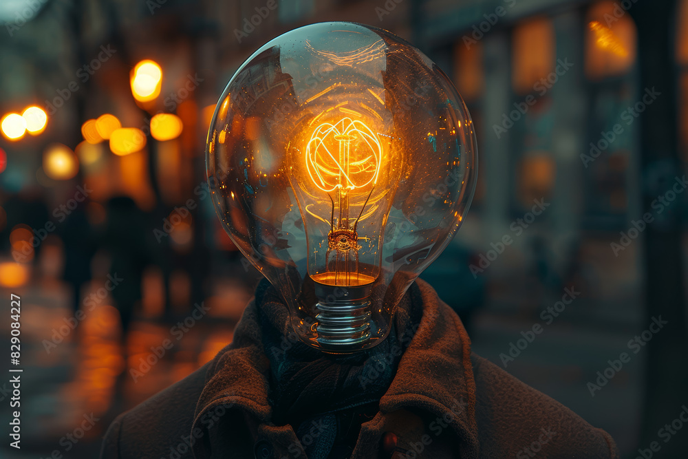 Poster a man with a lightbulb replacing his head. concept of ideas and innovation. generative ai.