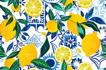 Vibrant hand-painted floral and fruit lemon seamless pattern with colorful blooms flowers and fruits, bright floral background. Botanical wallpaper.	