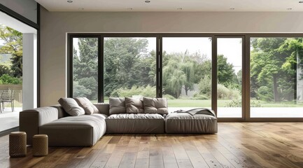 Modern living room interior with a cozy fabric sofa, sleek wooden flooring, and large glass doors opening to a patio