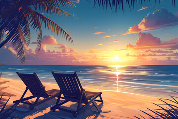 Sunset on the beach with two chairs and palm. Sunrise watching together. Summer vibes concept. Relax in paradise dream.