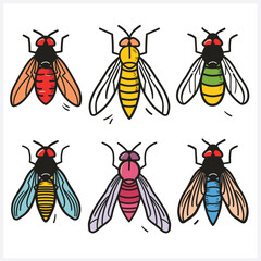 Six cartoon bees, various colors, isolated white background. Colorful insects, handdrawn style, entomology. Winged bees, red details, playful design children