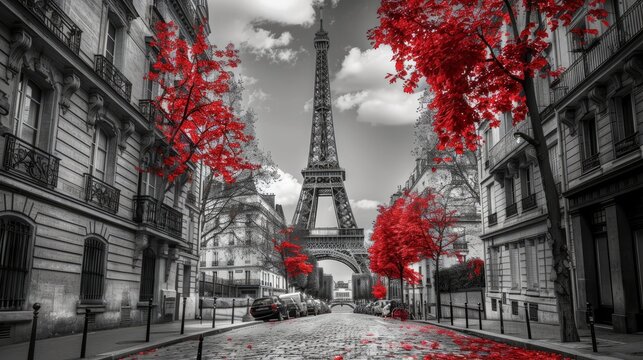 Street-level view of Paris showcases the Eiffel Tower in black and white with a splash of red, adding to its allure.