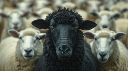 Striking Illustration of a Black Sheep Standing Out Among White Sheep, Symbolizing Individuality and Distinction