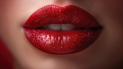 Obraz premium Vibrant Red Background Featuring Glossy Red Lips with Delicate Details and Texture