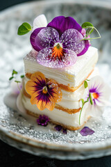 A small cake adorned with lovely purple flowers is elegantly displayed on a plate