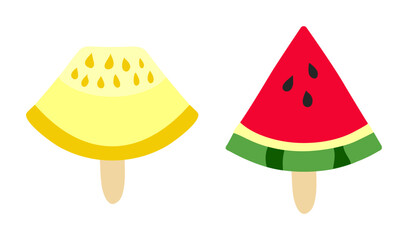 Ice cream Set in form of piece of Watermelon and Melon on wooden stick. Triangular piece of summer fruit with seeds in doodle style. Sweet lollipops. Cut slice of food. Isolated. Vector illustration