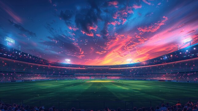 Vector illustration of cricket stadium under moonlit sky. Anticipating a bustling evening match on lush green ground.
