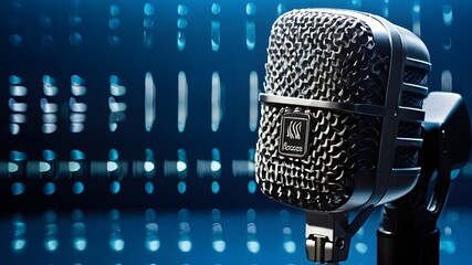 Expert microphone featuring a waveform on a blue banner, perfect for a podcast or recording studio backdrop