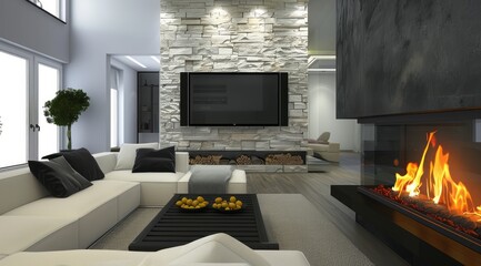 Modern living room interior with a plush sectional, modern fireplace, and a wall-mounted flat-screen TV