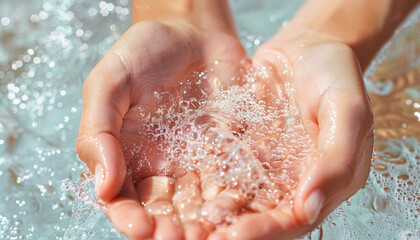Fototapeta premium A person is delicately holding water in their cupped hands, showing a gentle gesture
