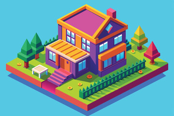 Modern multicolor two stories 3d isometric style residential house in green yard. Vector illustration. Real estate icon