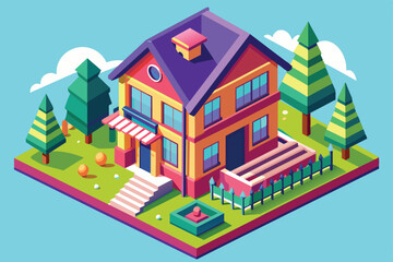 Modern multicolor two stories 3d isometric style residential house in green yard. Vector illustration. Real estate icon