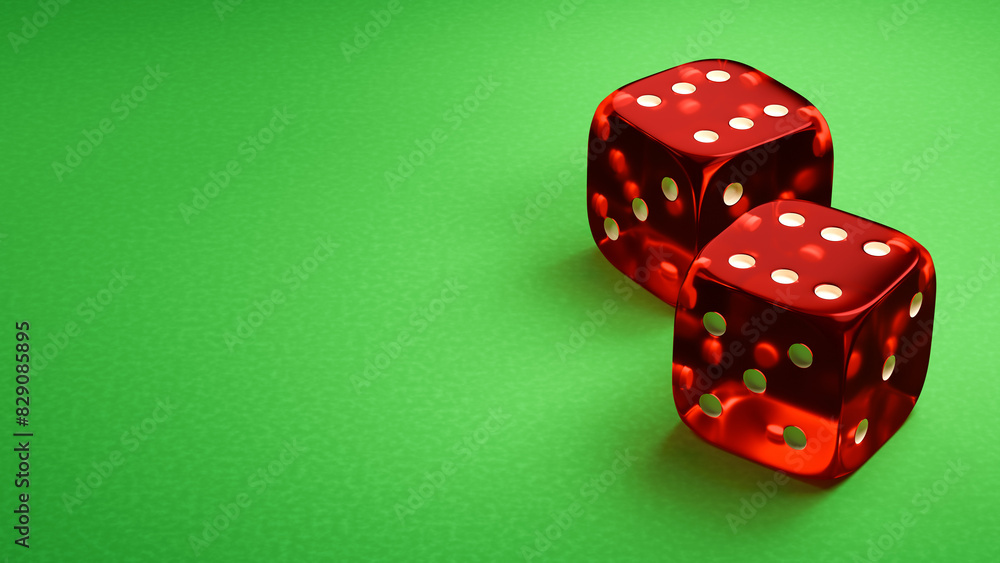 Poster gambling game banner. two red dice on the green table. 3d render.
