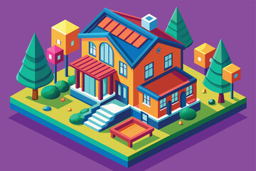 Modern multicolor two stories 3d isometric style residential house in green yard. Vector illustration. Real estate icon