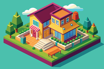 Modern multicolor two stories 3d isometric style residential house in green yard. Vector illustration.