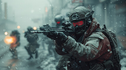 Naklejka premium A group of special forces and terrorists fight in the street,generative ai