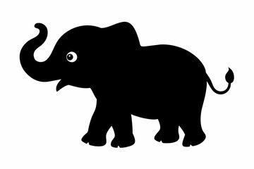 Cute black elephant cartoon with big ears and wide eyes. Baby animal, adorable illustration, childrens art, playful design concept. Black silhouette isolated on white backdrop