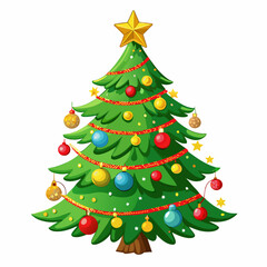 Fototapeta premium Festive Christmas tree with ornaments and star. Colorful decorations, holiday tree, winter celebration, New Year, festive design concept. Isolated on white background.
