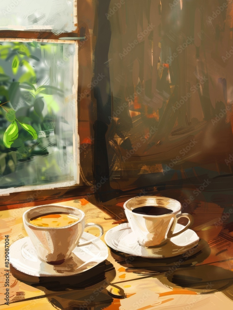Poster painting of a cup of coffee on a table, showcasing a pair of cups with aromatic coffee ready to be e