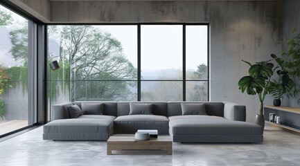 Modern living room interior with a sleek gray sofa, large windows, and minimalist decor