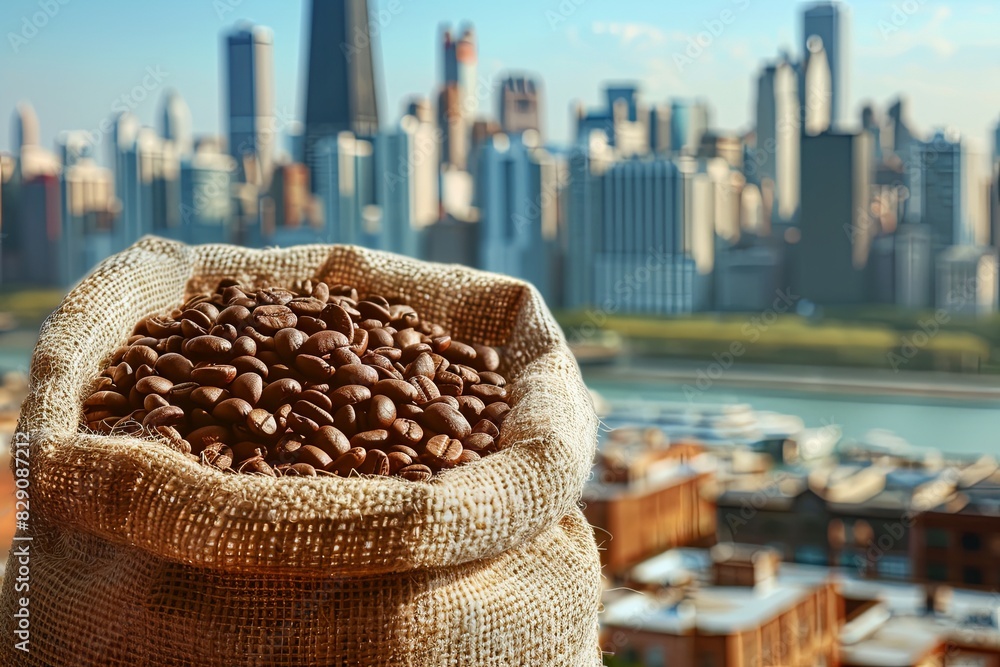 Poster a sack of coffee beans displayed against a modern city skyline backdrop. generative ai