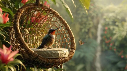 A wicker chair supporting a perched hummingbird