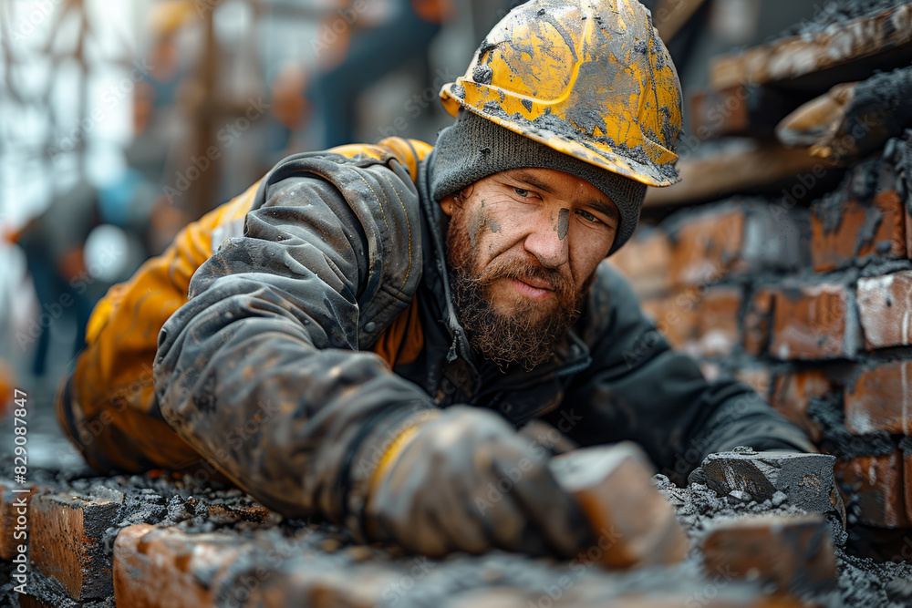 Poster a construction worker laying bricks for a new building. concept of development and labor. generative