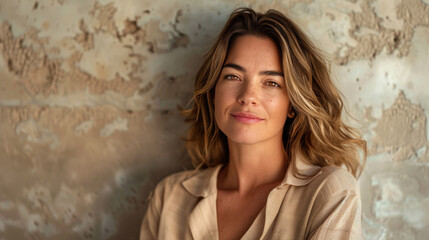 Fototapeta premium Digital influencer woman posing a portrait on social media, with soft and natural makeup