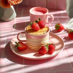 pancakes with strawberries, a cup with pink milk on pink tiles. Delicious dessert