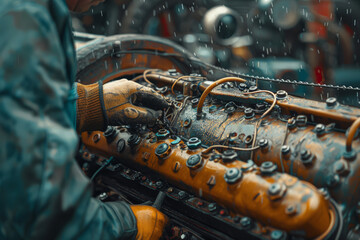 A mechanic fixing the engine of an old car. Concept of repair and expertise. Generative Ai.
