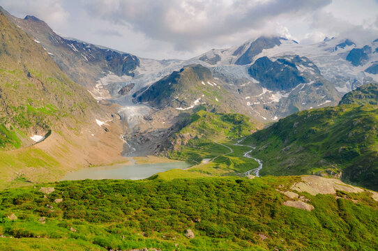 Aerial view of an alpine glacial lake, Steingletscher, Switzerland