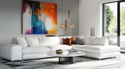 Modern living room interior with a white leather sectional, abstract wall art, and natural light