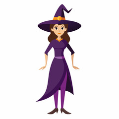 Cartoon witch in purple dress and hat. Female sorceress character. Halloween, magic, fantasy, costume concept. Isolated on white background