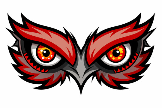 Colorful owl mask with fierce eyes isolated on a white background. Vibrant mask design featuring sharp, intense eyes. Owl mask, fierce expression, vibrant colors, animal concept