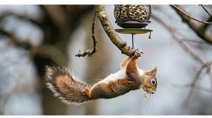 Obraz premium Squirrel's Aerial Feat: Masterful Acrobatics to Snatch Bird Feeder Bounty