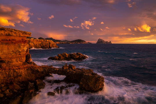 Cap des Bou cape near Cala Comte beaches at sunset, Sant Josep de Sa Talaia, Ibiza, Balearic Islands, Spain